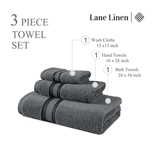 LANE LINEN Luxury Bath Towels Set - 3 Piece 100% Cotton Bathroom Towels, Quick Dry, Extra Aborbent, Super Soft Towels Set 1 Hand Towel, 1 Wash Cloths, 1 Bath Towel, Space Grey