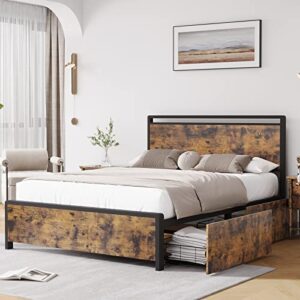 amyove queen bed frame with headboard and 4 storage drawers,metal platform bed with large storage space no box spring needed noise free rustic brown (queen)