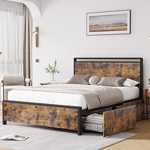 Amyove Queen Bed Frame with Headboard and 4 Storage Drawers,Metal Platform Bed with Large Storage Space No Box Spring Needed Noise Free Rustic Brown (Queen)