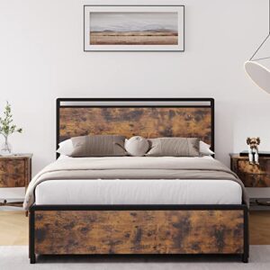 Amyove Queen Bed Frame with Headboard and 4 Storage Drawers,Metal Platform Bed with Large Storage Space No Box Spring Needed Noise Free Rustic Brown (Queen)