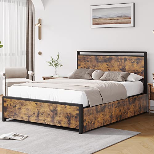 Amyove Queen Bed Frame with Headboard and 4 Storage Drawers,Metal Platform Bed with Large Storage Space No Box Spring Needed Noise Free Rustic Brown (Queen)