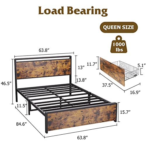 Amyove Queen Bed Frame with Headboard and 4 Storage Drawers,Metal Platform Bed with Large Storage Space No Box Spring Needed Noise Free Rustic Brown (Queen)