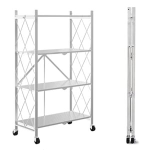 4-shelf foldable storage shelves with wheels, metal shelves heavy duty large capacity storage shelving unit, no assembly, for garage kitchen, warehouse, closet, basement and pantry (white, 4 tier)