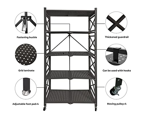 4-Shelf Foldable Storage Shelves with Wheels, Metal Shelves Heavy Duty Large Capacity Storage Shelving Unit, No Assembly, for Garage Kitchen, Warehouse, Closet, Basement and Pantry (White, 4 Tier)