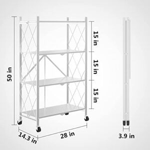 4-Shelf Foldable Storage Shelves with Wheels, Metal Shelves Heavy Duty Large Capacity Storage Shelving Unit, No Assembly, for Garage Kitchen, Warehouse, Closet, Basement and Pantry (White, 4 Tier)