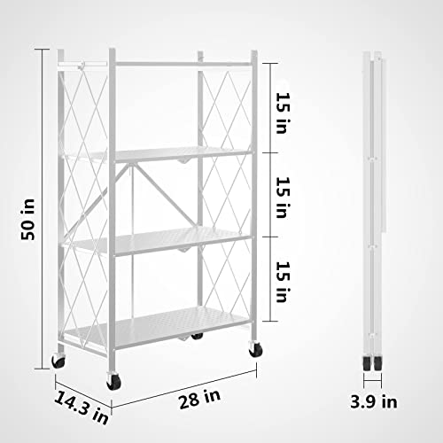 4-Shelf Foldable Storage Shelves with Wheels, Metal Shelves Heavy Duty Large Capacity Storage Shelving Unit, No Assembly, for Garage Kitchen, Warehouse, Closet, Basement and Pantry (White, 4 Tier)