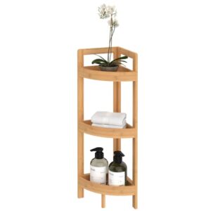 closetmaid corner shelf, 3 tiers with display shelves, floor standing bookshelf, small space shelving unit, plant stand, bamboo wood