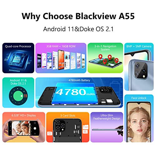 Blackview A55 Unlocked Cell Phone 2023, Android 11 Phones, 3GB+16GB / SD 128GB, 4780mAh Battery, 6.528 inches HD+ Waterdrop Screen, 8+5MP Camera, Triple Card Slots Phones Unlocked, GPS, Face ID - Blue