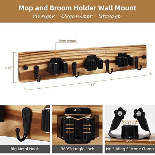 Mop and Broom Holder Wall Mount,3 Racks 4 Hooks Solid Wood Broom Organizer, Heavy Duty Broom Hanger for Home, Kitchen, Garage,Laundry,Closet, Garden Tools Storage - Wall Holder For Broom,Mop Handle