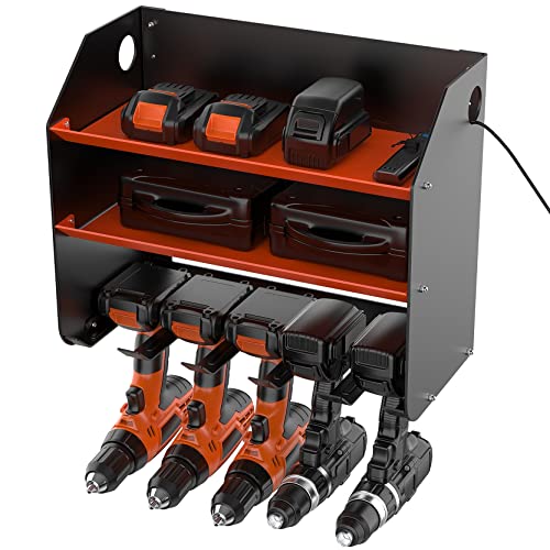 WALMANN Power Tool Organizer Wall Mount, Cordless Drill Holder with 5 Slots and 2 Solid Bottom Shelves, Power Tool Storage Rack for Garage, Home, Shed Father's Day Gift