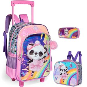 zbaogtw panda rolling backpack for girls with lunch box kids backpack with wheels for school sequin trolley trip luggage rolling backpack for kindergarten girls elementary school