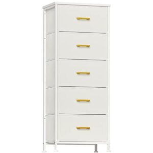 yilqqper dresser for bedroom with 5 drawers, tall storage tower for closet, living room, nursery, white dresser with sturdy steel frame, fabric bins, leather finish, wood top (glacier white)