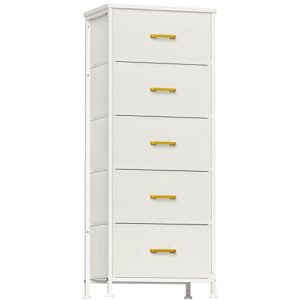 YILQQPER Dresser for Bedroom with 5 Drawers, Tall Storage Tower for Closet, Living Room, Nursery, White Dresser with Sturdy Steel Frame, Fabric Bins, Leather Finish, Wood Top (Glacier White)