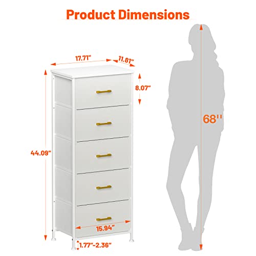 YILQQPER Dresser for Bedroom with 5 Drawers, Tall Storage Tower for Closet, Living Room, Nursery, White Dresser with Sturdy Steel Frame, Fabric Bins, Leather Finish, Wood Top (Glacier White)