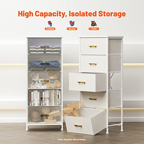 YILQQPER Dresser for Bedroom with 5 Drawers, Tall Storage Tower for Closet, Living Room, Nursery, White Dresser with Sturdy Steel Frame, Fabric Bins, Leather Finish, Wood Top (Glacier White)
