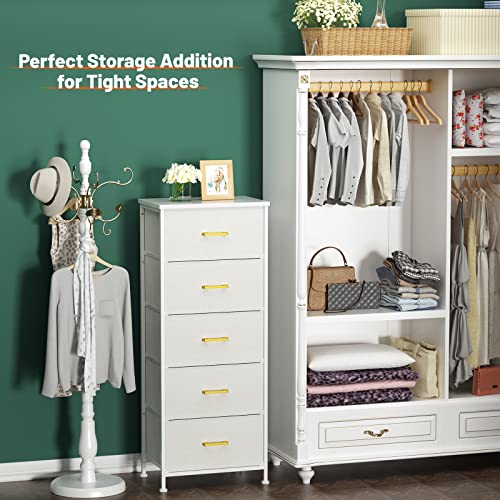 YILQQPER Dresser for Bedroom with 5 Drawers, Tall Storage Tower for Closet, Living Room, Nursery, White Dresser with Sturdy Steel Frame, Fabric Bins, Leather Finish, Wood Top (Glacier White)