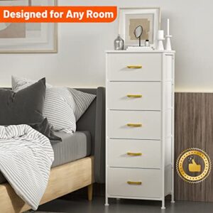 YILQQPER Dresser for Bedroom with 5 Drawers, Tall Storage Tower for Closet, Living Room, Nursery, White Dresser with Sturdy Steel Frame, Fabric Bins, Leather Finish, Wood Top (Glacier White)