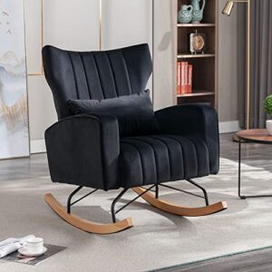 dm furniture velvet rocking chair upholstered nursery glider rocker for baby comfy nursing armchair side accent chair for living room bedroom, black