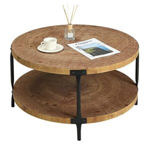 awescuti round boho wood coffee table - 31.5" farmhouse natural circle wooden 2-tier coffee tables living room furniture, natural wood color, 31.5" d x 18.3" h