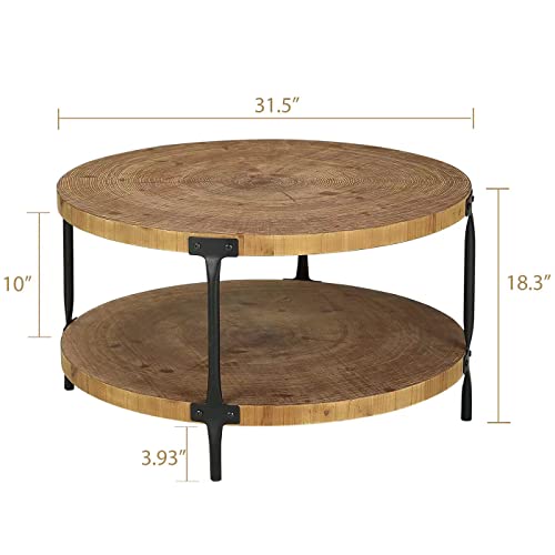 Awescuti Round Boho Wood Coffee Table - 31.5" Farmhouse Natural Circle Wooden 2-Tier Coffee Tables Living Room Furniture, Natural Wood Color, 31.5" D x 18.3" H