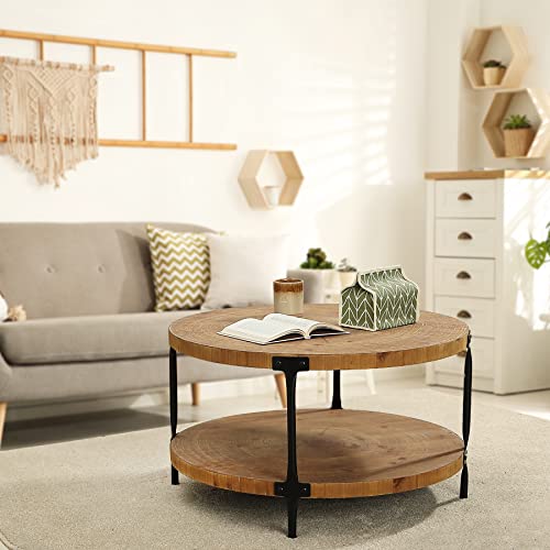 Awescuti Round Boho Wood Coffee Table - 31.5" Farmhouse Natural Circle Wooden 2-Tier Coffee Tables Living Room Furniture, Natural Wood Color, 31.5" D x 18.3" H