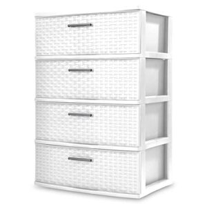 4 drawer wide weave tower white with driftwood handles,organizer storage tower