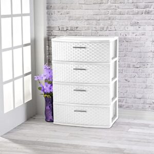 4 Drawer Wide Weave Tower White with Driftwood Handles,Organizer Storage Tower