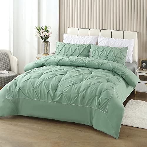 Touchutopia King Size Comforter Set, Pinch Pleat Luxurious King Bedding Set, Sage Green Comforter Set Ultra Soft for All Season (1 Comforter, 2 Pillowcases)