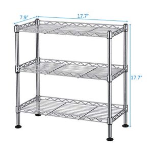 3 Tier Slim Storage Rack,Steel Storage Wire Shelf,Heavy Loading Storage Organizer, Adjustable Levelling Feet Shelving Unit, Silver,17.72W x 7.87D x 17.72H