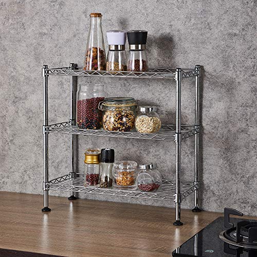 3 Tier Slim Storage Rack,Steel Storage Wire Shelf,Heavy Loading Storage Organizer, Adjustable Levelling Feet Shelving Unit, Silver,17.72W x 7.87D x 17.72H