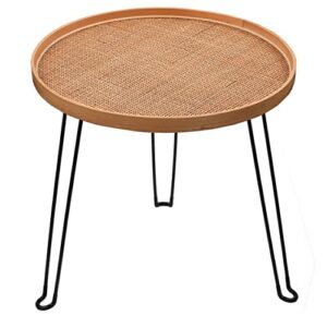[pj collection] round wood and rattan side table, foldable table with metal tripod, rattan round tray top, boho style, chic coffee table, side table (height 17.7", grid knit pattern)