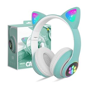kerhand bluetooth headphones for kids, cute ear cat ear led light up foldable headphones stereo over ear with microphone/tf card wireless headphone for iphone/ipad/smartphone/laptop/pc/tv (green)