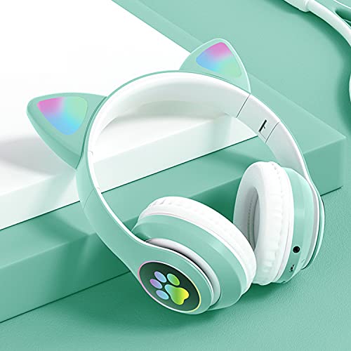 KERHAND Bluetooth Headphones for Kids, Cute Ear Cat Ear LED Light Up Foldable Headphones Stereo Over Ear with Microphone/TF Card Wireless Headphone for iPhone/iPad/Smartphone/Laptop/PC/TV (Green)