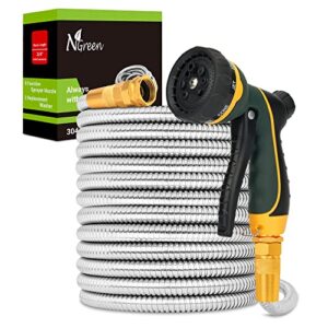 ngreen stainless steel garden hose - flexible metal water hose with nozzle, puncture, rust proof and corrosion resistant, never kink and high pressure, collapsible and easy to store (50ft)
