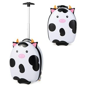 baby joy kids luggage, 16” hard shell carry-on suitcase w/led flashing rolling wheels, telescopic handle, upright travel trolley luggage for toddlers girls boys, airplane approved (little milk cow)