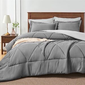 bedelite twin xl comforter set 5 pieces bed in a bag - soft microfiber reversible twin extra long grey bed set with comforters, sheets, pillowcase & sham, cozy luxury bedding sets for all season