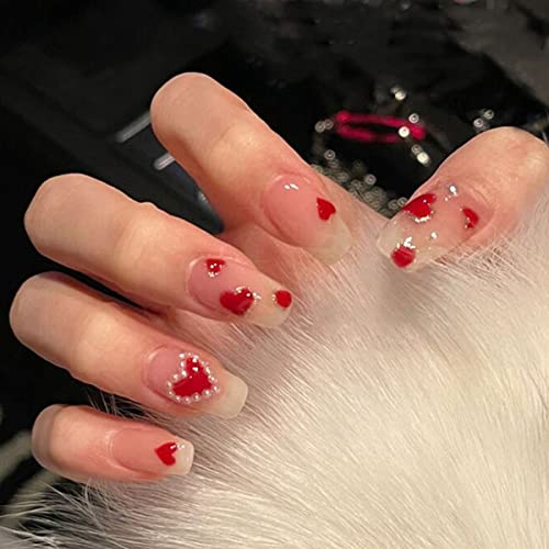 24pcs Valentine's Day Press on Nail Short Red Heart Fake Nail with White Peal Design Full Cover False Nail for Women Stciker on Nail wirh Glue red nail for Acrylic Nails Manicure Tip