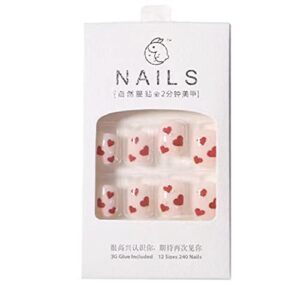 24pcs Valentine's Day Press on Nail Short Red Heart Fake Nail with White Peal Design Full Cover False Nail for Women Stciker on Nail wirh Glue red nail for Acrylic Nails Manicure Tip