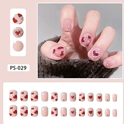 24pcs Valentine's Day Press on Nail Short Red Heart Fake Nail with White Peal Design Full Cover False Nail for Women Stciker on Nail wirh Glue red nail for Acrylic Nails Manicure Tip