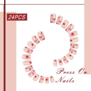 24pcs Valentine's Day Press on Nail Short Red Heart Fake Nail with White Peal Design Full Cover False Nail for Women Stciker on Nail wirh Glue red nail for Acrylic Nails Manicure Tip