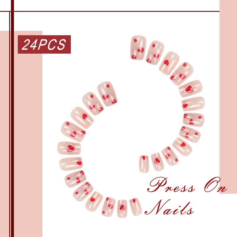 24pcs Valentine's Day Press on Nail Short Red Heart Fake Nail with White Peal Design Full Cover False Nail for Women Stciker on Nail wirh Glue red nail for Acrylic Nails Manicure Tip