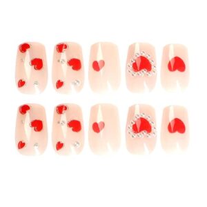 24pcs Valentine's Day Press on Nail Short Red Heart Fake Nail with White Peal Design Full Cover False Nail for Women Stciker on Nail wirh Glue red nail for Acrylic Nails Manicure Tip