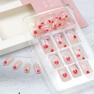 24pcs Valentine's Day Press on Nail Short Red Heart Fake Nail with White Peal Design Full Cover False Nail for Women Stciker on Nail wirh Glue red nail for Acrylic Nails Manicure Tip