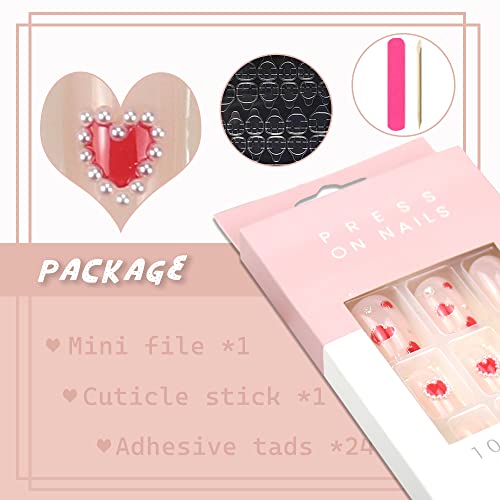 24pcs Valentine's Day Press on Nail Short Red Heart Fake Nail with White Peal Design Full Cover False Nail for Women Stciker on Nail wirh Glue red nail for Acrylic Nails Manicure Tip