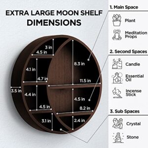 DalNim Extra-Large 18-inch – Premium Moon Shelf – Brown Shelves for Wall Decor – Wooden Display Shelves with 2 Secure Hooks – Healing Crystal and Stone Shelf for Living Room, Meditation Room, Nursery