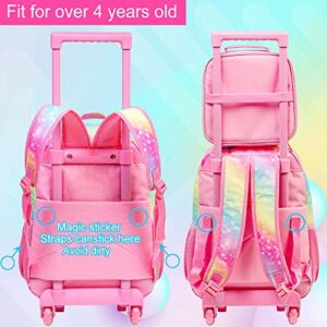 FTJCF 3PCS Rolling Backpack for Girls, Kids Unicorn Roller Bookbag with Wheels, Wheeled School Bag Set for Elementary -Rainbow