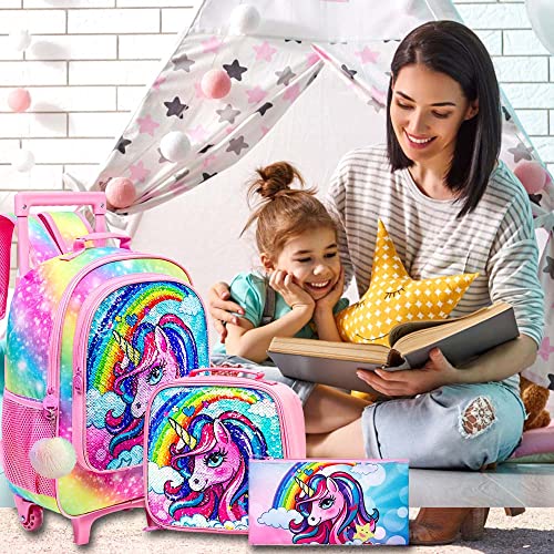 FTJCF 3PCS Rolling Backpack for Girls, Kids Unicorn Roller Bookbag with Wheels, Wheeled School Bag Set for Elementary -Rainbow