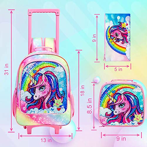 FTJCF 3PCS Rolling Backpack for Girls, Kids Unicorn Roller Bookbag with Wheels, Wheeled School Bag Set for Elementary -Rainbow