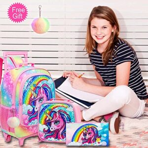 FTJCF 3PCS Rolling Backpack for Girls, Kids Unicorn Roller Bookbag with Wheels, Wheeled School Bag Set for Elementary -Rainbow