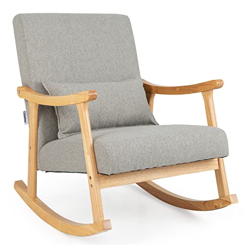 Giantex Upholstered Rocking Chair - Modern Rocker with Rubber Wood Frame, Comfy Backrest & Seat, PP Padded Pillow, Single Rocking Chair for Living Room, Nursery, Bedroom, Lounge, Office, Grey